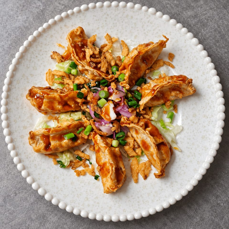 Crispy sauced dumplings arranged over lettuce with green onions, red onion, and fried crispy toppings on a beaded white plate.