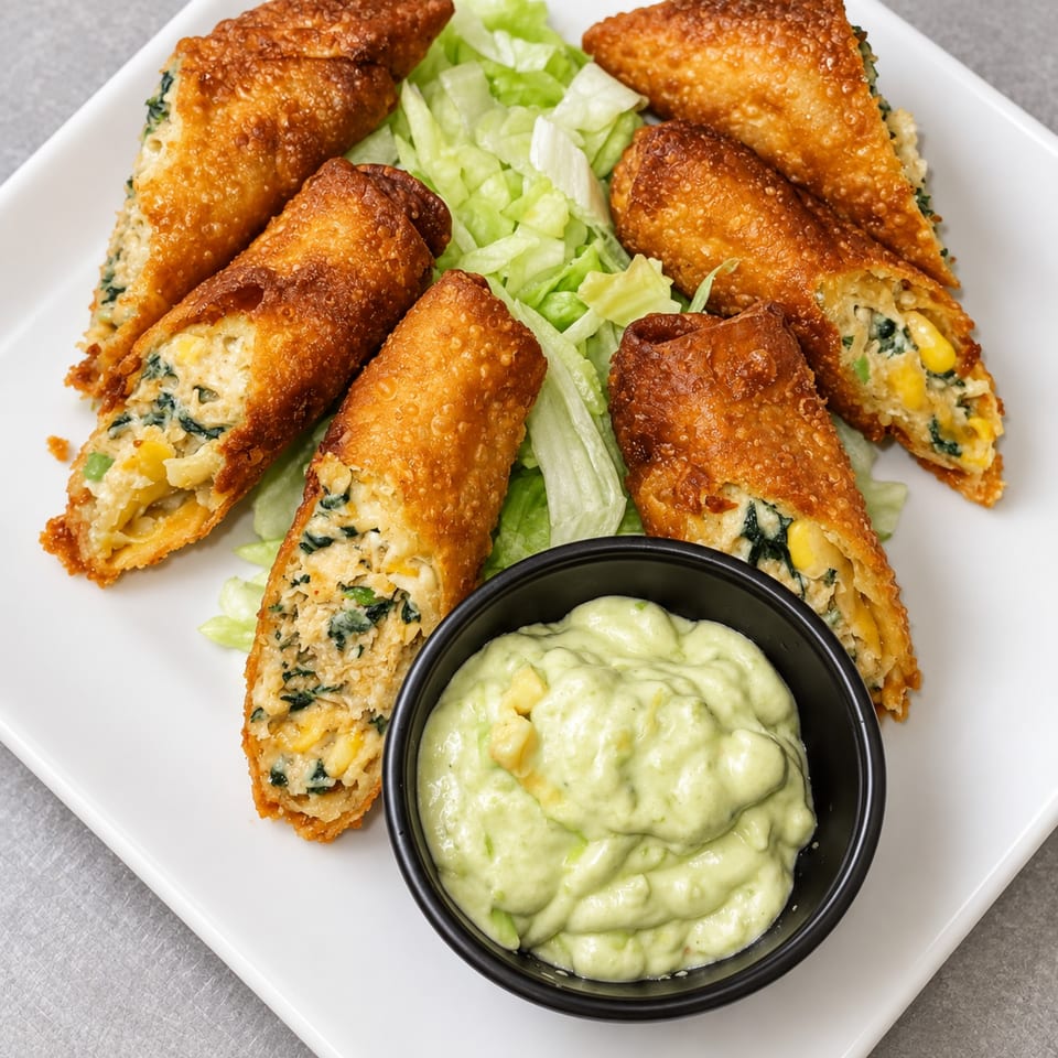 Crispy stuffed tortillas filled with creamy spinach and corn, served over lettuce with avocado dipping sauce.